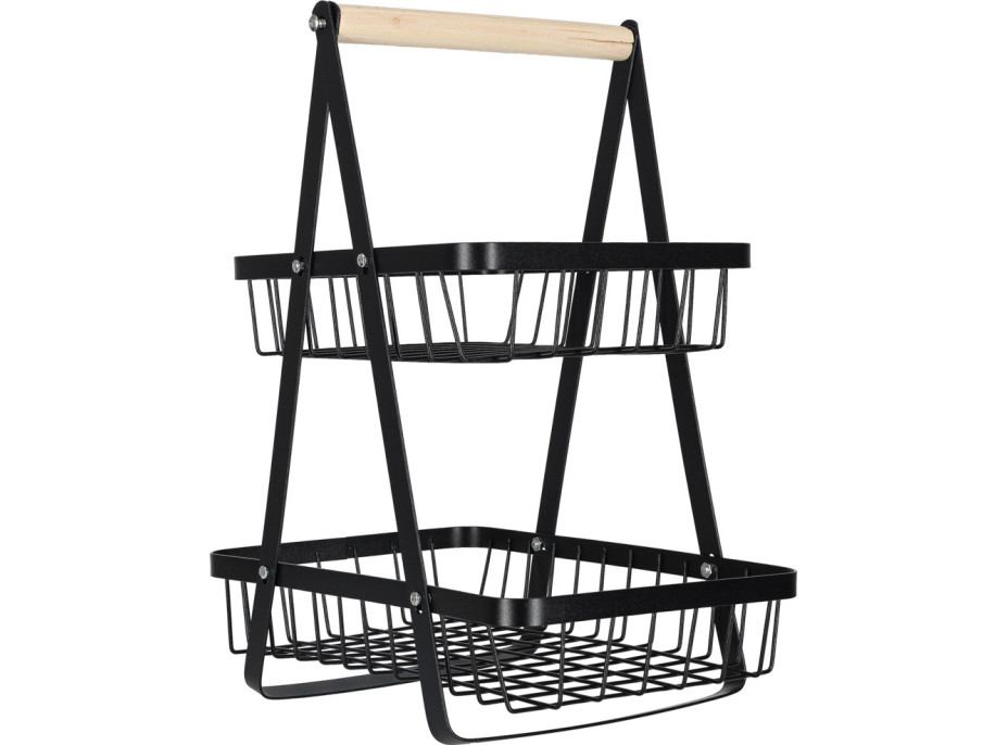 Dvojposchodový kôš na ovocie a zeleninu - čierny (kov, drevo)