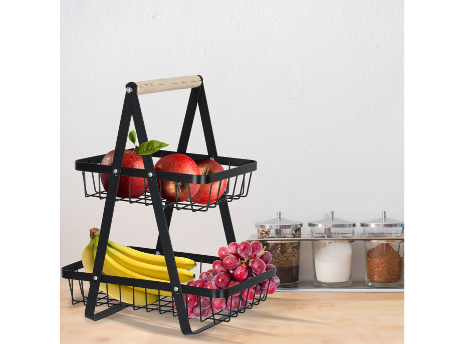 Dvojposchodový kôš na ovocie a zeleninu - čierny (kov, drevo)