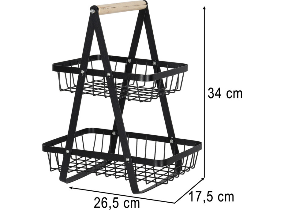 Dvojposchodový kôš na ovocie a zeleninu - čierny (kov, drevo)