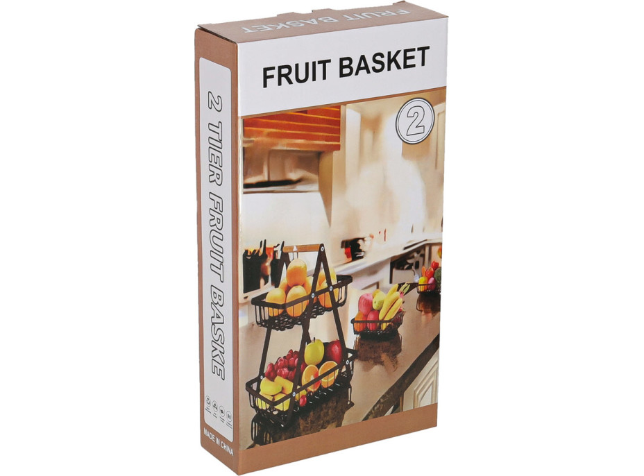 Dvojposchodový kôš na ovocie a zeleninu - čierny (kov, drevo)