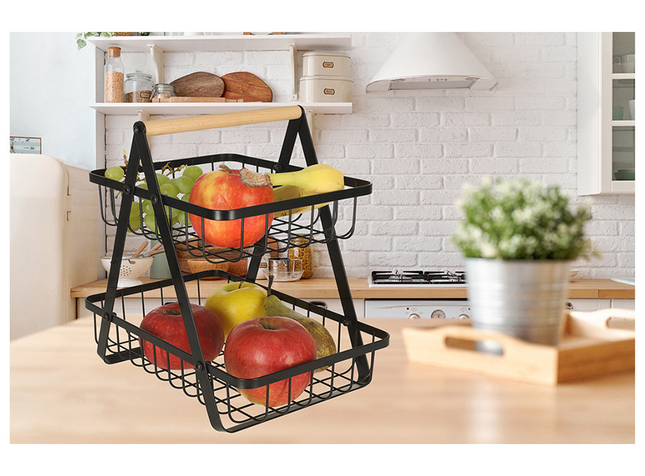 Dvojposchodový kôš na ovocie a zeleninu - čierny (kov, drevo)