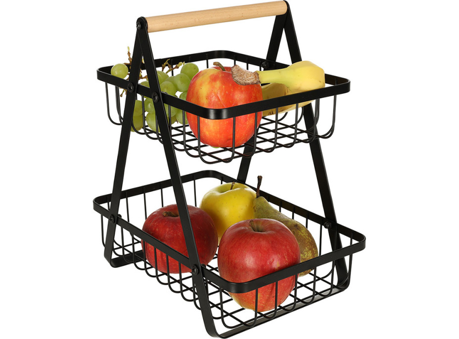 Dvojposchodový kôš na ovocie a zeleninu - čierny (kov, drevo)