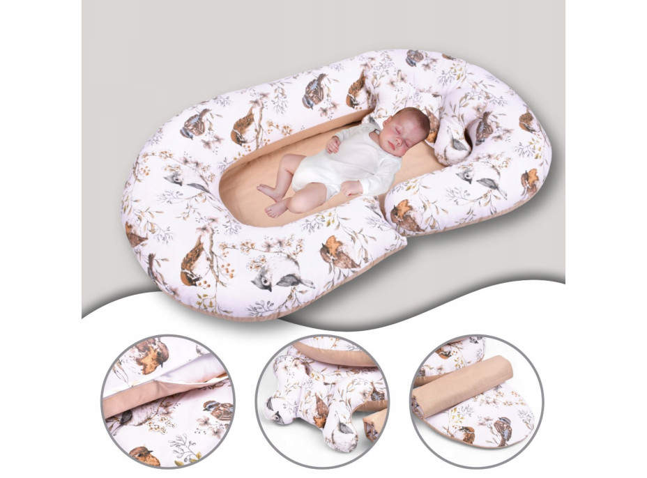 Hniezdočko (kokon) pre bábätko / tehotenský vankúš 2v1 s doplnkami - Vtáčiky / béžové