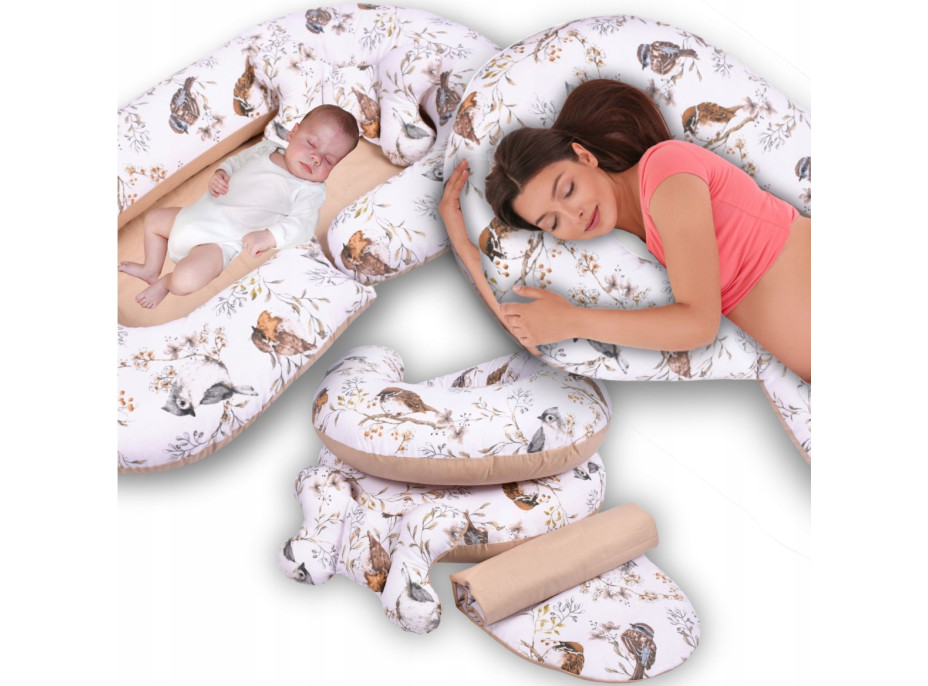 Hniezdočko (kokon) pre bábätko / tehotenský vankúš 2v1 s doplnkami - Vtáčiky / béžové