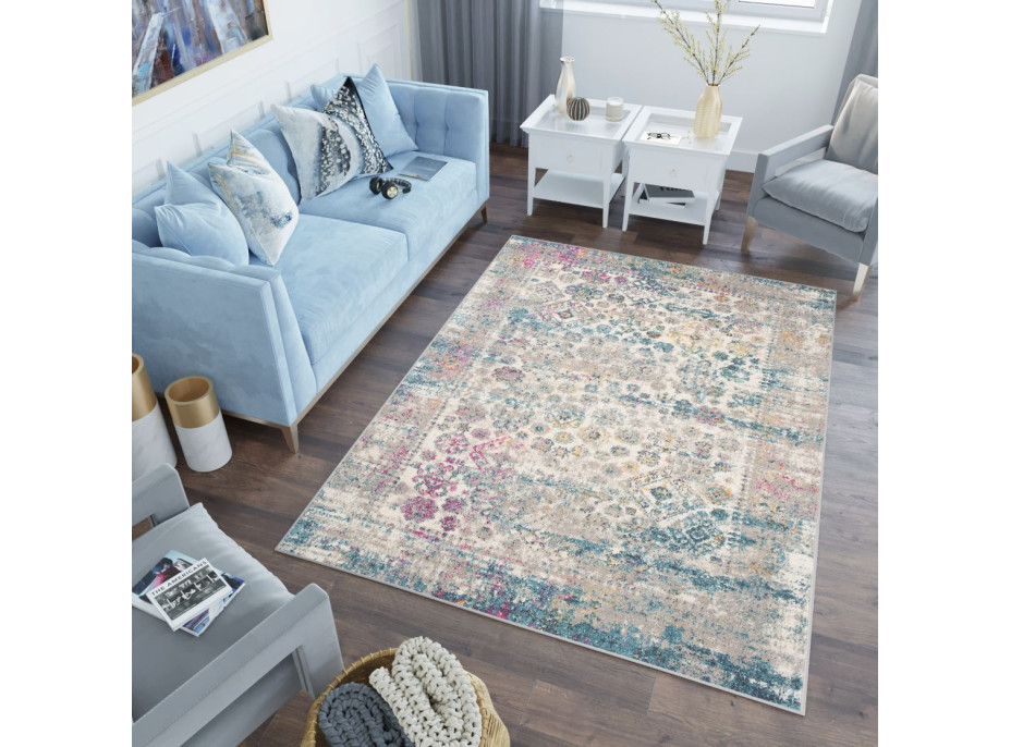 Kusový koberec AZUR vintage - šedý/ružový/modrý, 160x220 cm