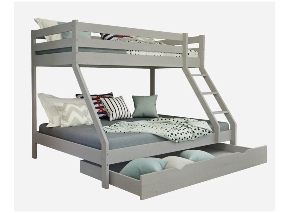 Detská poschodová posteľ z masívu 200x90 cm s rozšíreným spodným lôžkom 140 cm DENIS, so šuplíkom - šedá