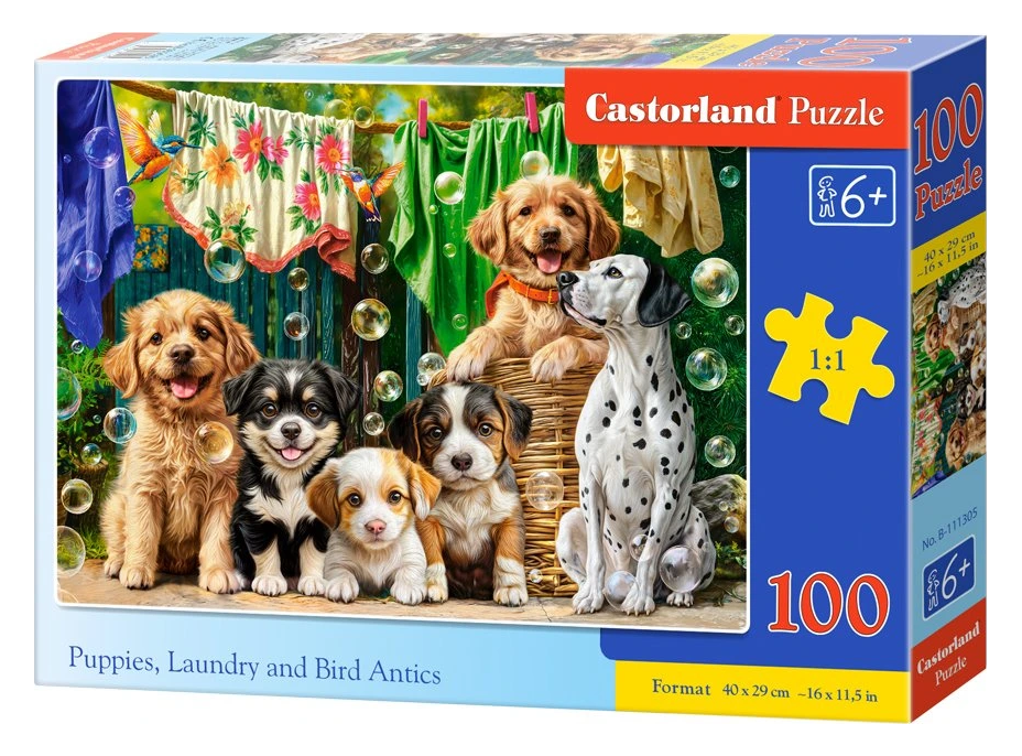 CASTORLAND Puzzle Šteňatá, bielizeň a vtáčie šantenie 100 dielikov