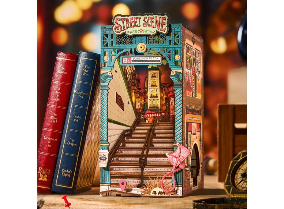 RoboTime 3D skladačka Zarážka na knihy Miniatúra domčeka Mestská ulica