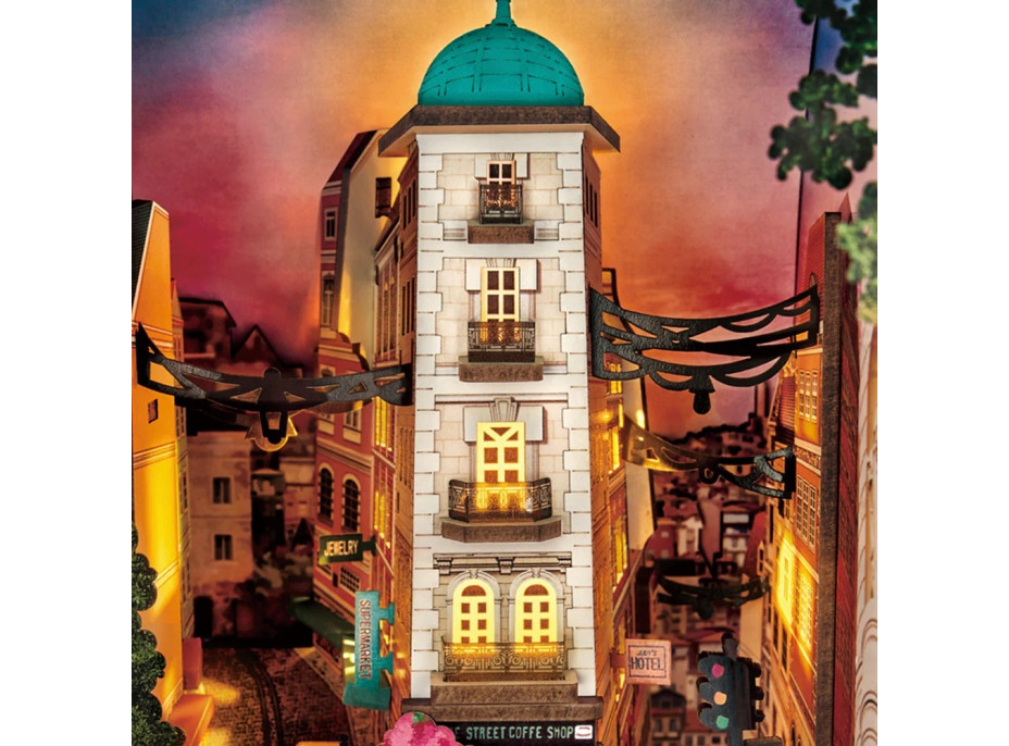 RoboTime 3D skladačka Zarážka na knihy Miniatúra domčeka Mestská ulica