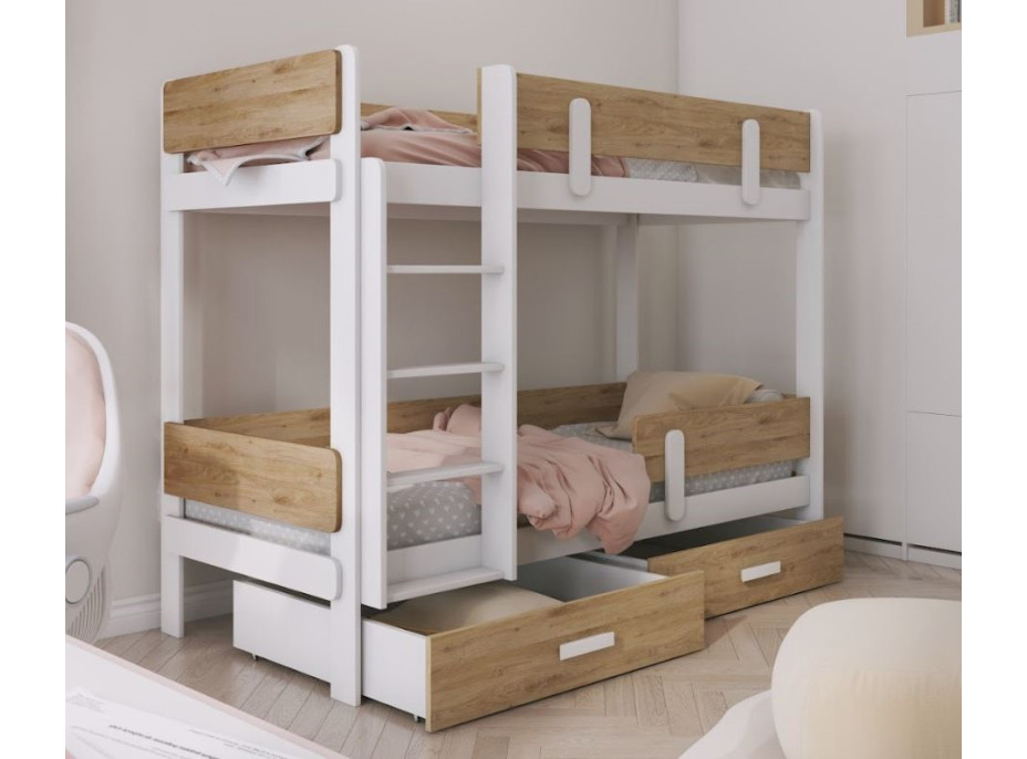 Detská poschodová posteľ z masívu borovice ETTORE so šuplíkmi 200x90 cm - biela/dub shetland, rebrík vľavo