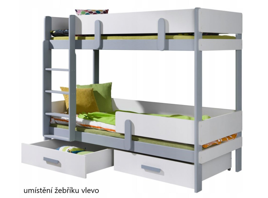 Detská poschodová posteľ z masívu borovice ETTORE so šuplíkmi 200x90 cm - biela/dub shetland, rebrík vľavo
