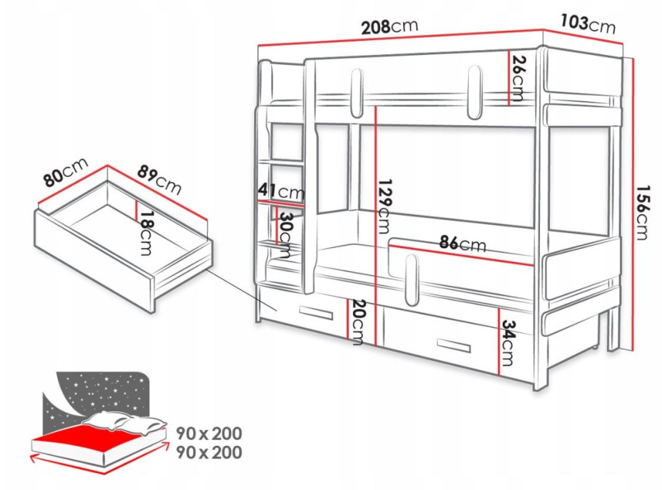 Detská poschodová posteľ z masívu borovice ETTORE so šuplíkmi 200x90 cm - biela/dub shetland, rebrík vľavo