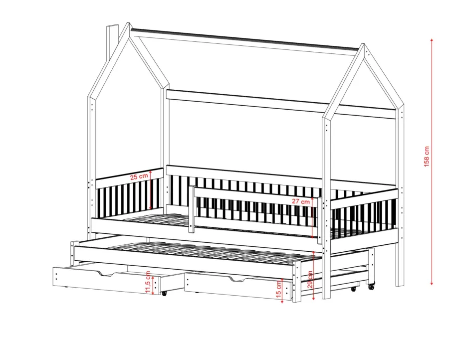 Detská domčeková posteľ s prístelkou a šuplíky PIPER - 200x90 cm - prírodná borovica