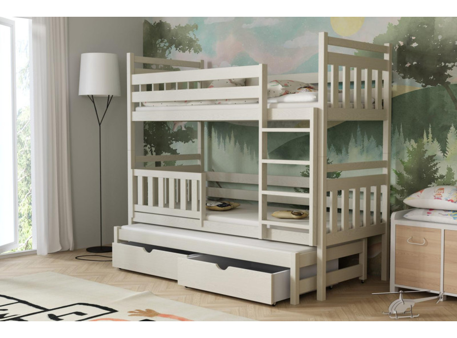 Detská poschodová posteľ z masívu borovice PETR s prístelkou a šuplíkmi - 200x90 cm - KAŠMÍROVÁ