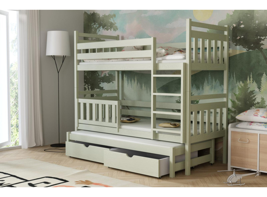 Detská poschodová posteľ z masívu borovice PETR s prístelkou a šuplíky - 200x80 cm - OLIVOVO ZELENÁ