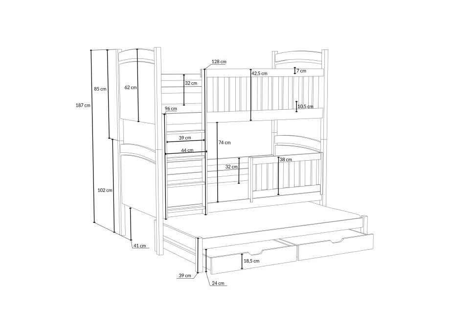 Detská poschodová posteľ z masívu borovice ADRIANA s prístelkou a šuplíky - 200x80 cm - PRÍRODNÁ BOROVICA