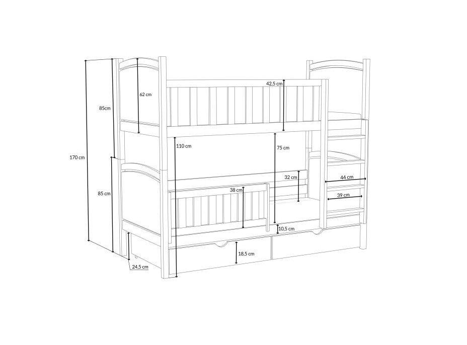 Detská poschodová posteľ z masívu borovice BARTOLOMEJ so šuplíkmi - 200x80 cm - PRÍRODNÁ BOROVICA