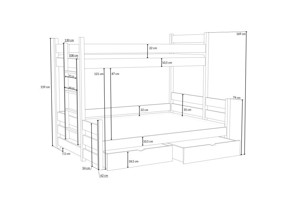Detská poschodová posteľ z masívu borovice s rozšíreným spodným lôžkom BERTA so šuplíkmi - 200x90/140 cm - BIELA