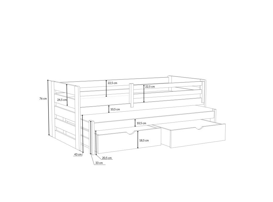 Detská posteľ z masívu borovice JOLANA s prístelkou a šuplíkmi - 200x90 cm - PRÍRODNÁ BOROVICA
