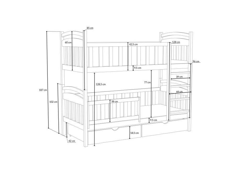 Detská poschodová posteľ z masívu borovice KRISTEN so šuplíkmi - 200x80 cm - BIELA