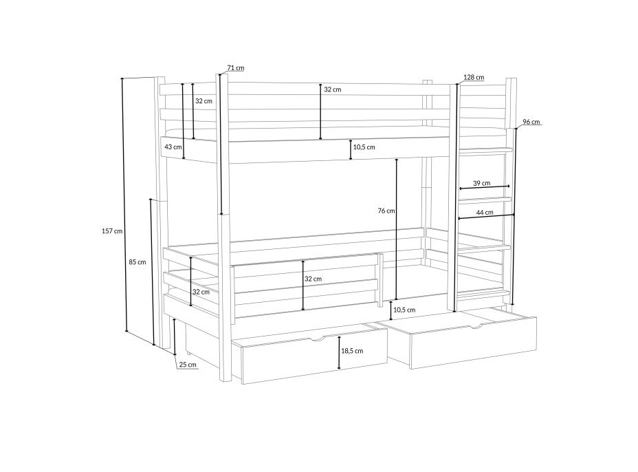 Detská poschodová posteľ z masívu borovice LEGEND PLUS so šuplíkmi - 200x90 cm - PRÍRODNÁ BOROVICA