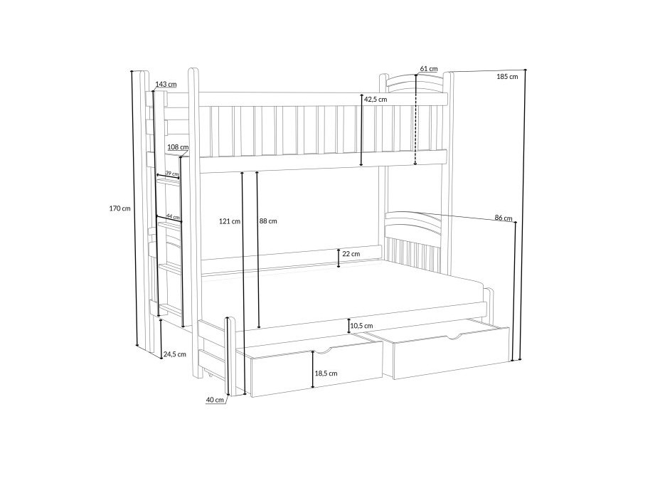 Detská poschodová posteľ z masívu borovice s rozšíreným spodným lôžkom LUKÁŠ so šuplíkmi - 200x90/140 cm - BIELA