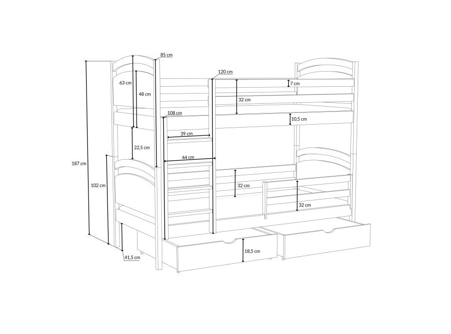 Detská poschodová posteľ z masívu borovice MARCELA so šuplíkmi - 200x90 cm - BIELA