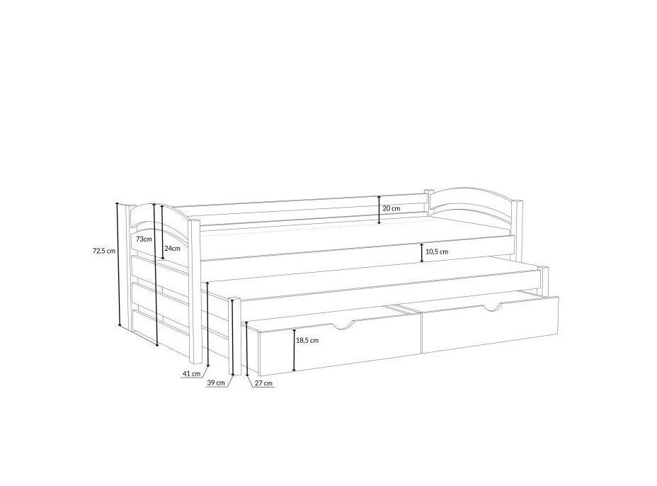 Detská posteľ z masívu borovice MONI s prístelkou a šuplíky - 200x90 cm - PRÍRODNÁ BOROVICA