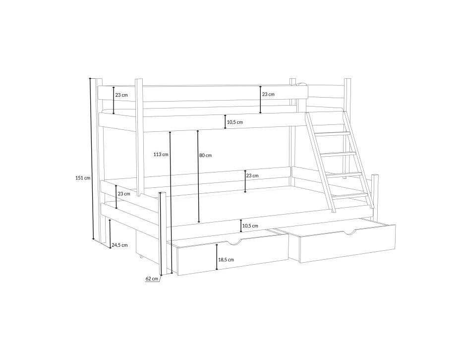 Detská poschodová posteľ z masívu borovice s rozšíreným spodným lôžkom NEVADA so šuplíkmi - 200x90/140 cm - PRÍRODNÁ BOROVICA