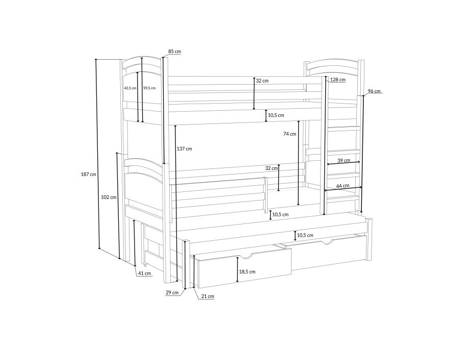 Detská poschodová posteľ z masívu borovice OLÍVIE s prístelkou a šuplíky - 200x80 cm - BIELA