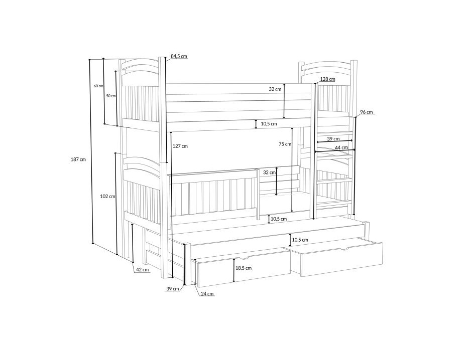 Detská poschodová posteľ z masívu borovice ONDRA s prístelkou a šuplíky - 200x80 cm - BIELA