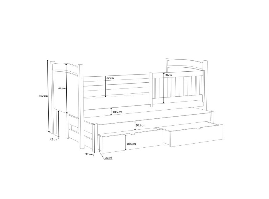 Detská posteľ z masívu borovice SABINA s prístelkou a šuplíky - 200x90 cm - PRÍRODNÁ BOROVICA