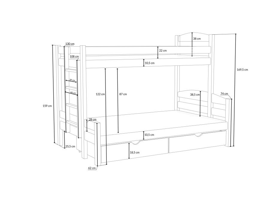 Detská poschodová posteľ z masívu borovice s rozšíreným spodným lôžkom SAVANA so šuplíkmi - 200x90/140 cm - PRÍRODNÁ BOROVICA