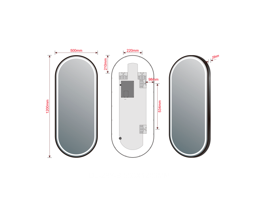 Sapho KAIRA oválne zrkadlo s LED osvetlením 120x50cm, čierna mat KA500