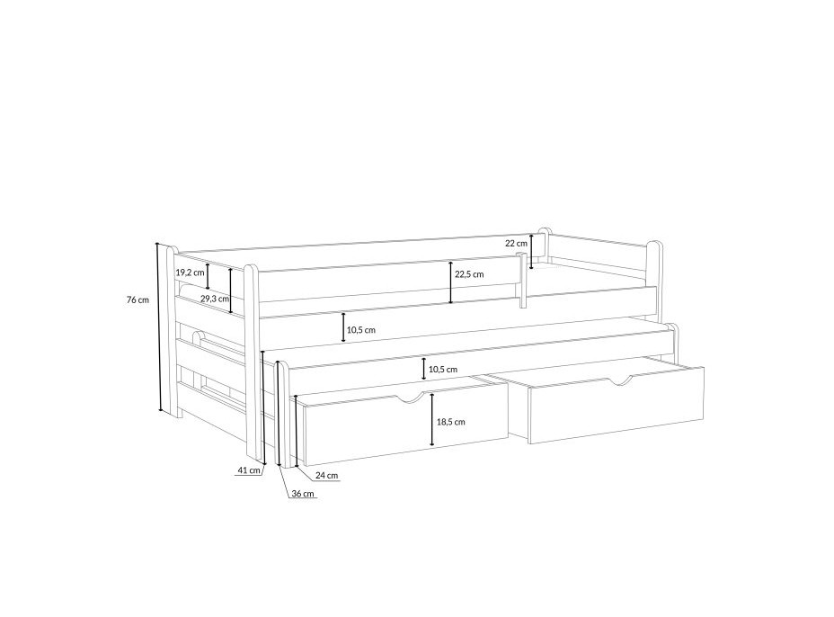 Detská posteľ z masívu borovice ALEX s prístelkou a šuplíky - 180x80 cm - BIELA