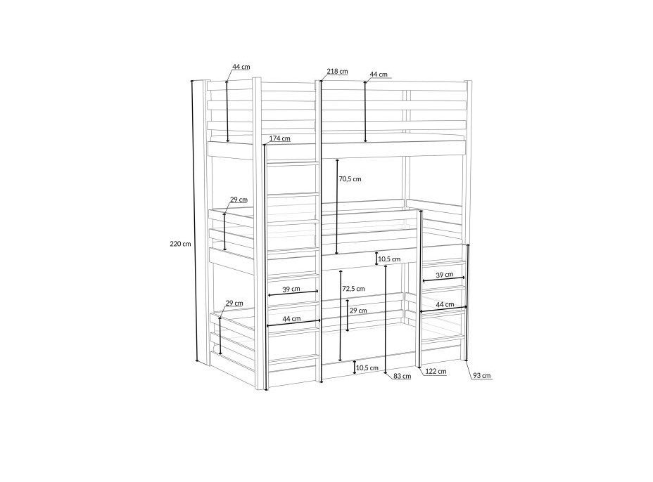 Detská trojposchodová posteľ z masívu borovice ARIZONA - 190x90 cm - BIELA
