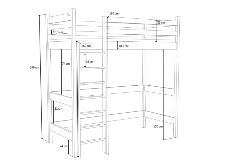 Detská vyvýšená posteľ z masívu borovice TEXAS - 190x90 cm - OLIVOVO ZELENÁ