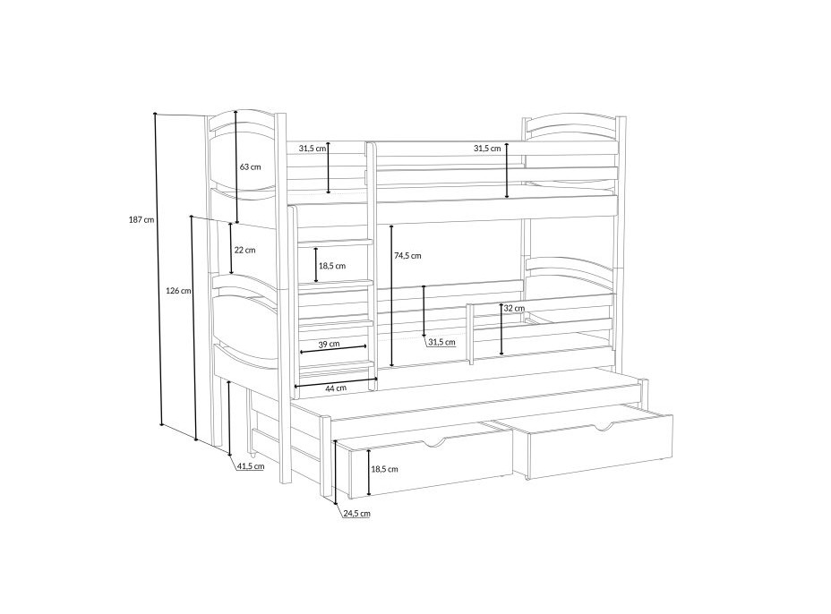 Detská poschodová posteľ z masívu borovice EMA s prístelkou a šuplíkmi - 180x80 cm - PRÍRODNÁ BOROVICA