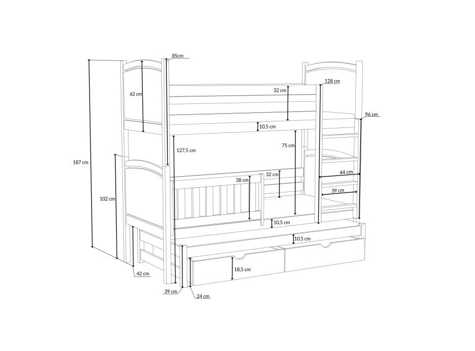 Detská poschodová posteľ z masívu borovice FLORIDA s prístelkou a šuplíky - 190x90 cm - BIELA