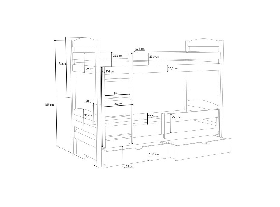 Detská poschodová posteľ z masívu borovice KAJETÁN so šuplíkmi - 190x90 cm - PRÍRODNÁ BOROVICA