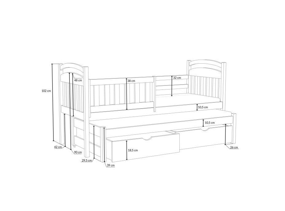 Detská posteľ z masívu borovice KAŠPAR s prístelkou a šuplíky - 190x90 cm - BIELA