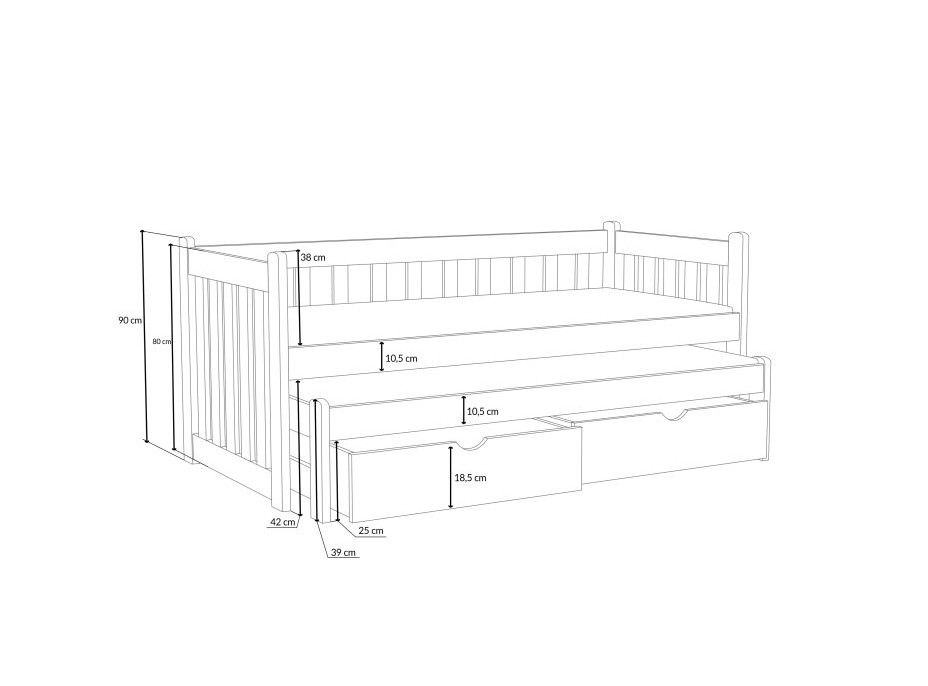 Detská posteľ z masívu borovice KRYŠPÍN s prístelkou a šuplíky - 190x90 cm - PRÍRODNÁ BOROVICA