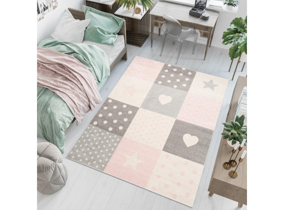 Kusový koberec AZUR srdiečka a hviezdičky - šedý/ružový/biely, 160x220 cm