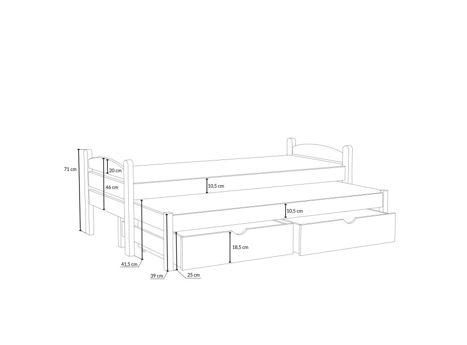 Detská posteľ z masívu borovice PATRICIE s prístelkou a šuplíkmi - 180x80 cm - BIELA