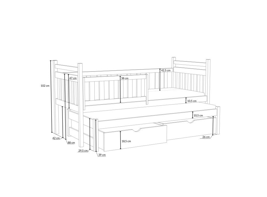 Detská posteľ z masívu borovice PROKOP s prístelkou a šuplíkmi - 180x80 cm - BIELA