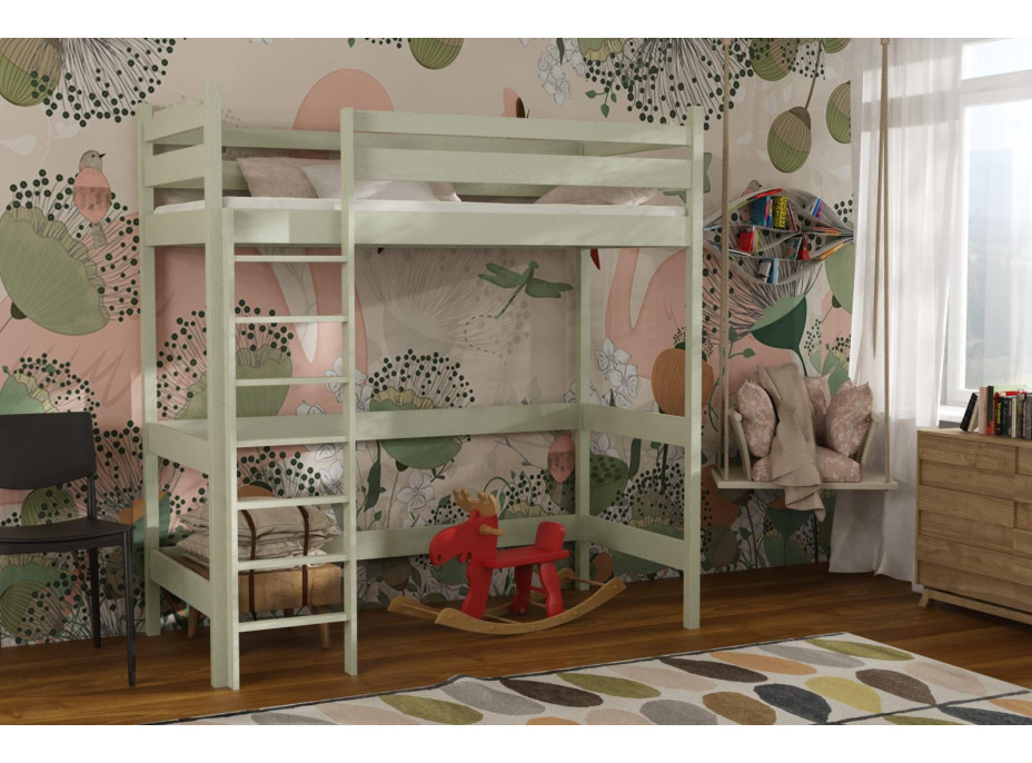 Detská vyvýšená posteľ z masívu borovice TEXAS - 200x80 cm - OLIVOVO ZELENÁ