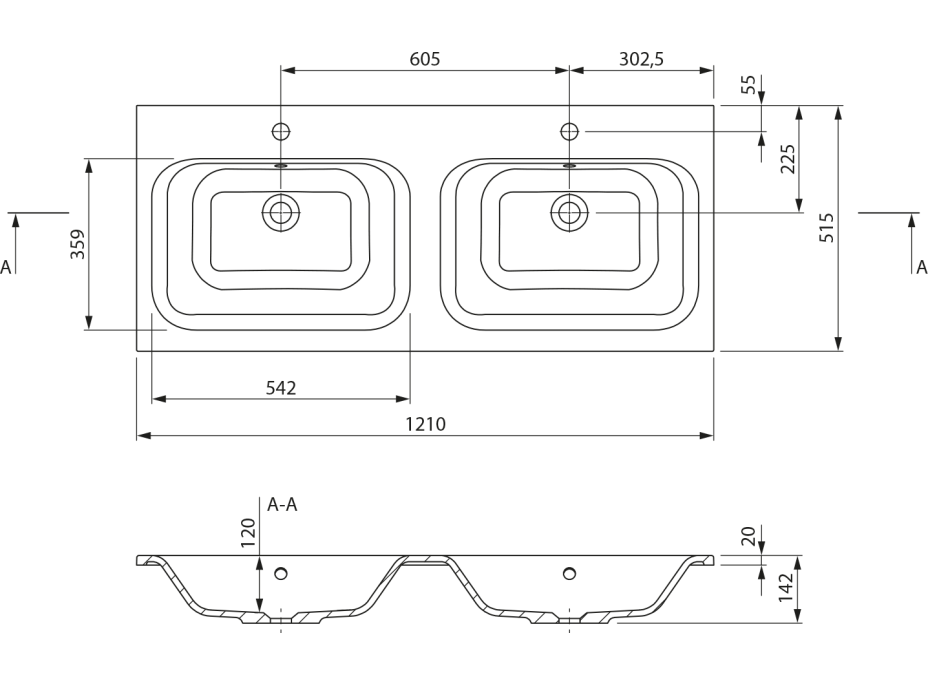 Sapho ARECA dvojumývadlo, liaty mramor, 121x51, 5cm, biela AC121