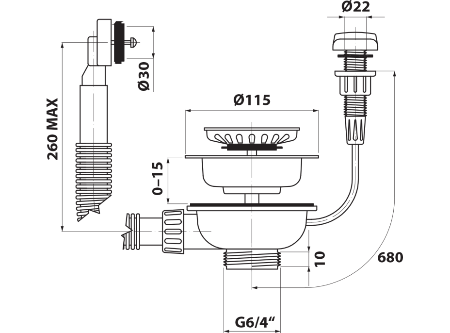 Bruckner Drezová výpusť 6/4", s prepadom a ovládaním, nerez 155.122.1