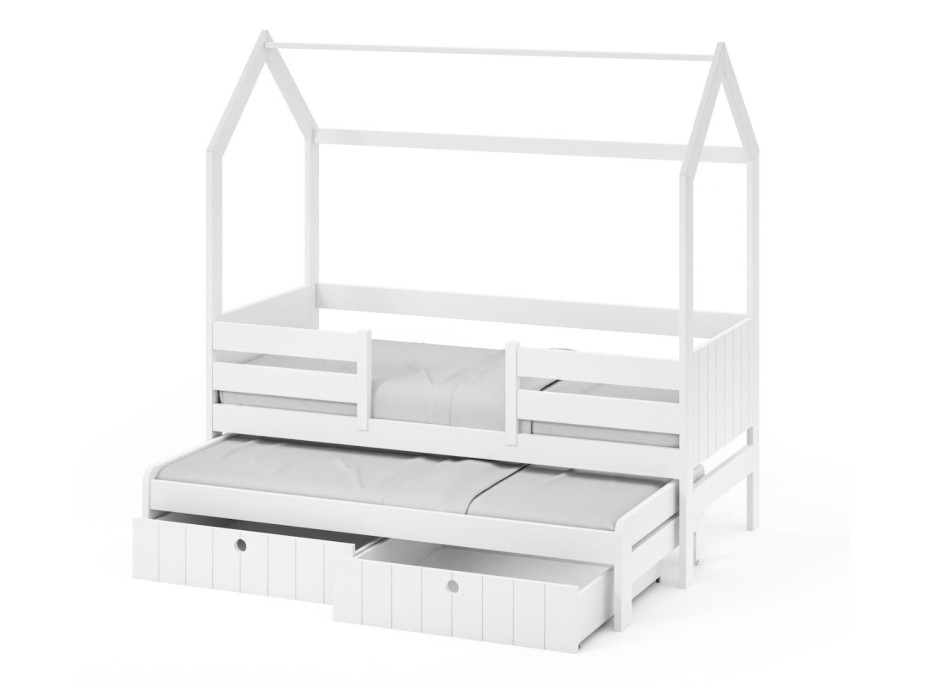 Detská domčeková posteľ z masívu borovice NOLAN so šuplíkmi a prístelkou - 200x90 cm - biela