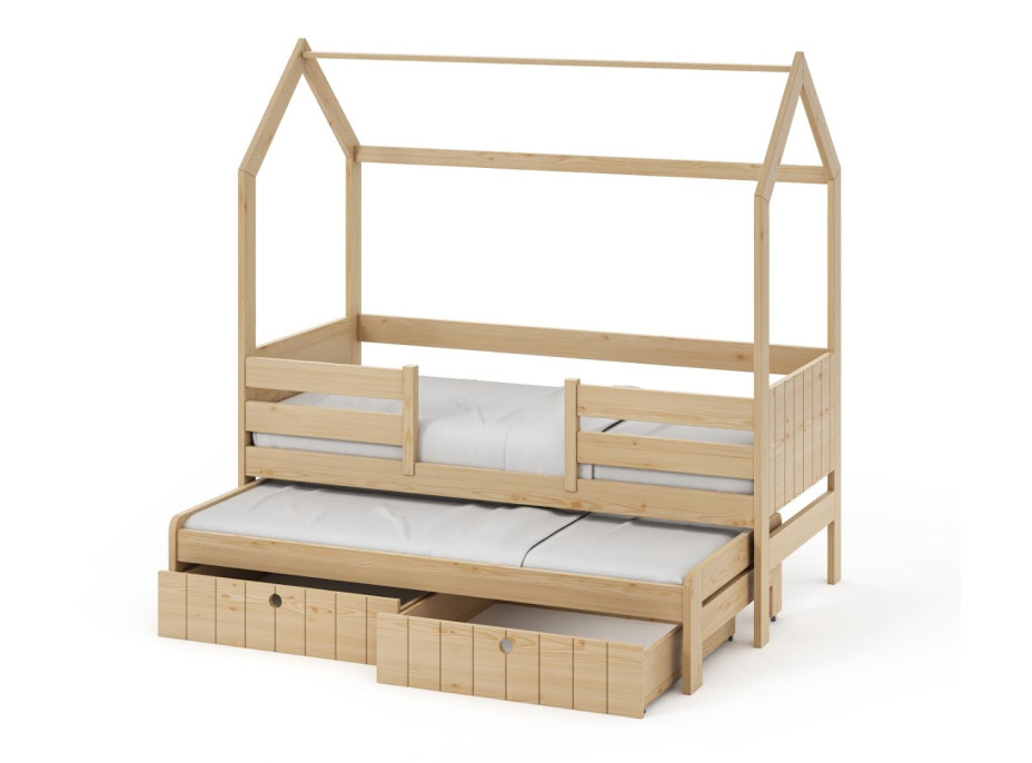 Detská domčeková posteľ z masívu borovice NOLAN so šuplíkmi a prístelkou - 180x80 cm - prírodná borovica